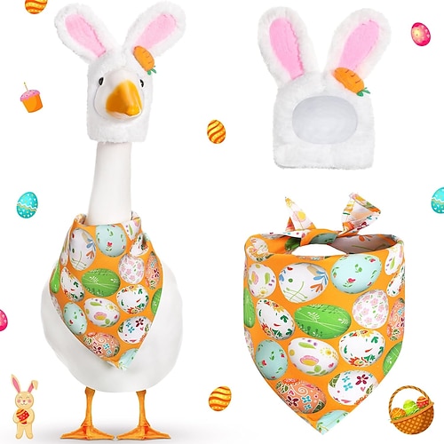 2-teiliges Osterganskostüm für Gartenfiguren, Hasenhut im Art-Deco-Stil Eier-Tutu-Halsband mit Kopftuch, passend für 58 cm große Zement-/Grasgänse, für Osterpartys, Terrasse, Garten und als Image