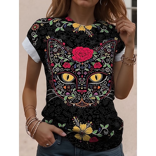 Damen T Shirt Druck Grafik Tiermotiv Vintage Stilvoll Klassisch Kurzarm Rundhalsausschnitt Rundhals Normale Oberteile Täglich Wochenende Schwarz Weiß Grün Sommer Frühling Herbst Image