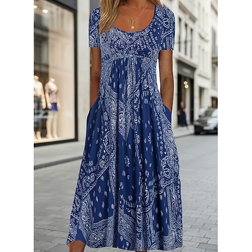 Damen Freizeitkleid Blumenkleid Mode Alltag Regular Fit Blumen Kurzarm Langes Kleid Maxikleid Rundhalsausschnitt Rosa Rot Blau Grau Herbst Image