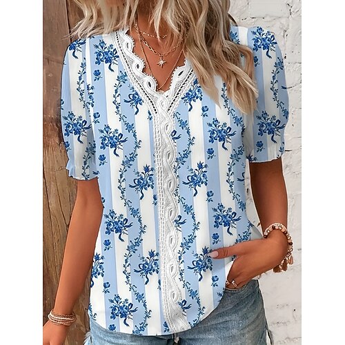 Damen Bluse Spitze Patchwork Druck Blumen Stilvoll Lässig Kurzarm V Ausschnitt Normale Oberteile Täglich Blau Weiß Himmelblau Orange Sommer Frühling Image
