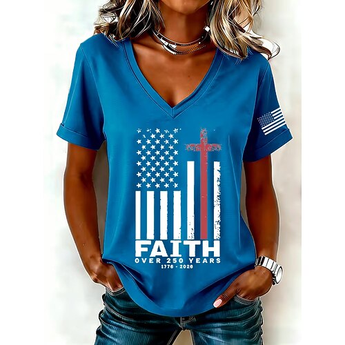 Unabhängigkeitstag patriotisches Damen T-Shirt Druck Grafik Flagge Vintage stilvoll klassisch Kurzarm V-Ausschnitt reguläre Oberteile täglich Blau Schwarz Weiß Rosa Sommer Frühling Image
