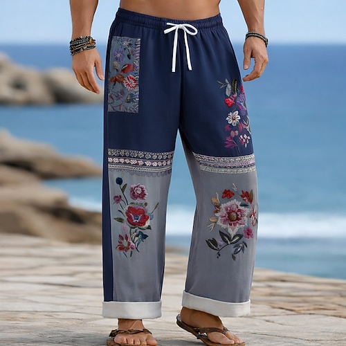 Herren Farbblock Blumendruck Blumen Hose Baggy-Hosen Freizeithose Mittlere Taille Boho Vintage-Retro Heim Outdoor Urlaub Elastischer Kordelzug in der Taille Leinenähnliche Hose mit Taschen Sommer Image