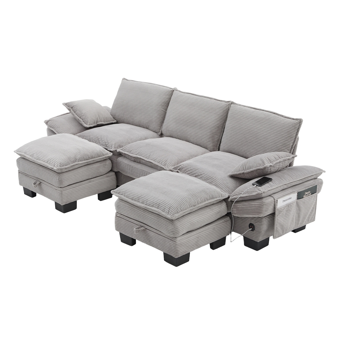 Merax 3-Sitzer-Sofa mit 2x Hocker, USB-C-Anschluss & Seitentaschen, Dicke Kissen, Corduroy, Hellgrau Image