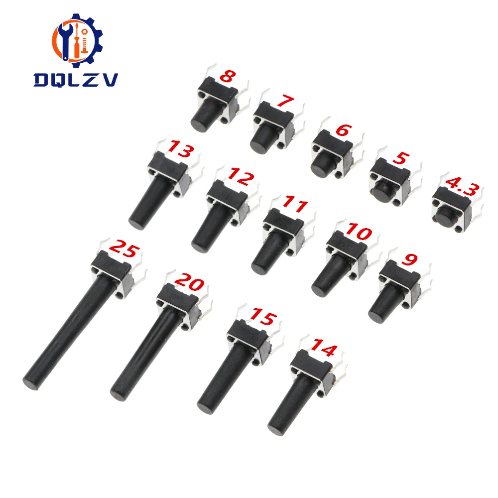 4Pin 6*6 Micro Tact Push Button Switches DIP 6x6x4,3/5/6/7/8/9/10/11/12/13/14/15 MM 4,3mm 5mm 6mm 7mm 8mm 9mm 10mm 11mm Image