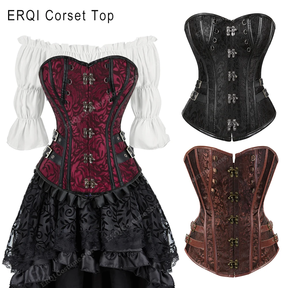 Steampunk-Korsett für Damen, Übergröße, Piraten-Korsett, Oberteil, Überbrust, Halloween, Schnürkostüm, Gothic, Steampunk-Korsett, Metallic, Rot, Braun