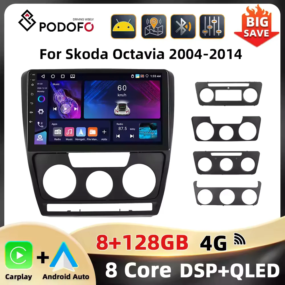 Podofo 10.1'' 2Din Car Audio For Skoda Octavia 2004-2014 Multimedia Player WIFI 4G GPS Navigation Carplay Android Auto Car Radio Image