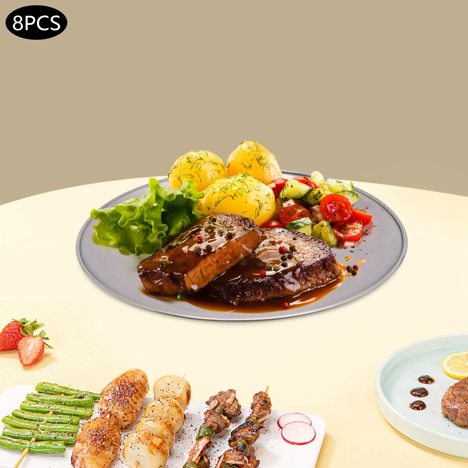 8 Stück Pizzapfannen, großes Fassungsvermögen, 304 Edelstahl, silberne Pizzapfannen, rundes Backgeschirr, Pizzaplatte für Grills, Backen, Image