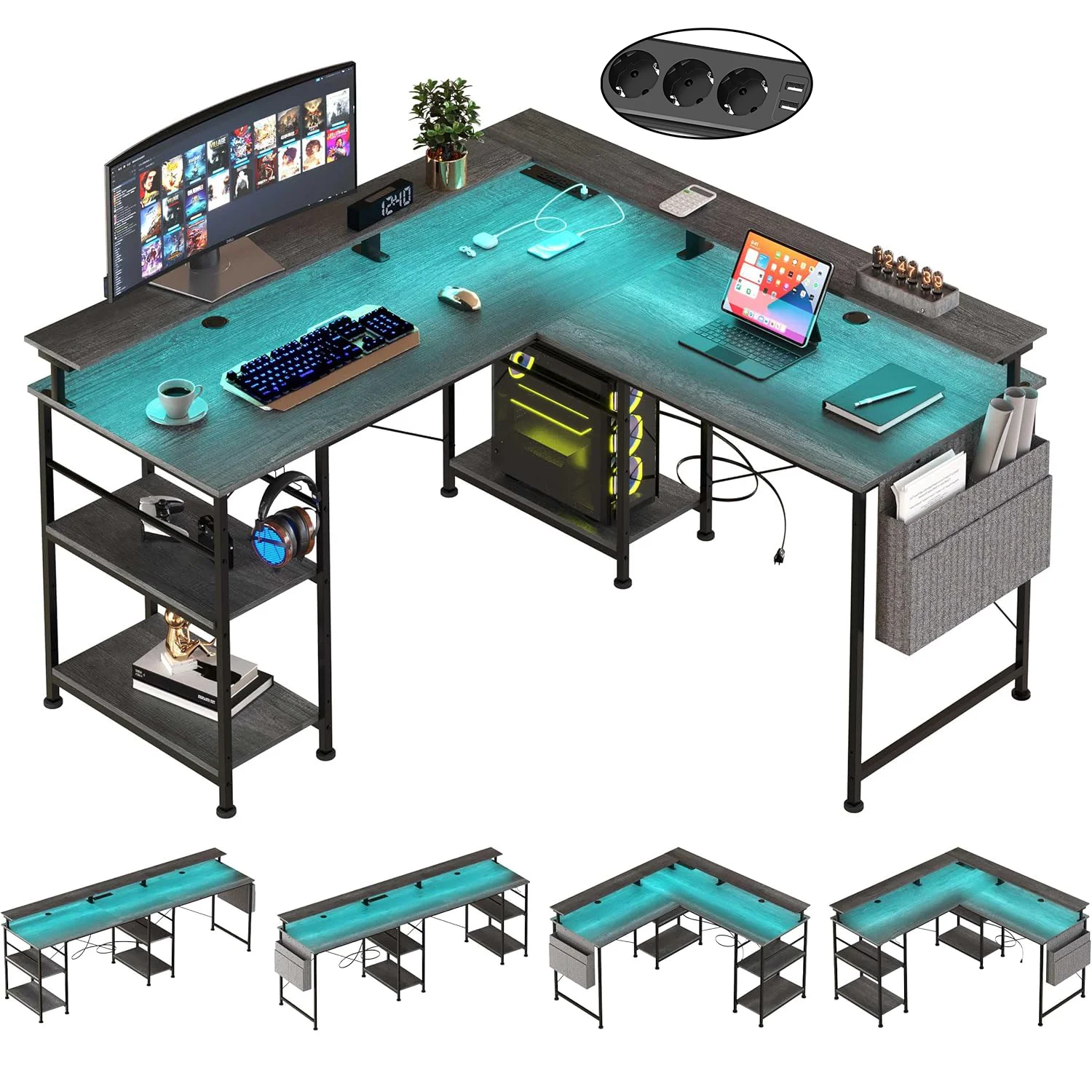 L-förmiger Schreibtisch Computertisch mit Regal, Steckdose, USB, LED RGB, Gaming Bürotisch, Grau/Schwarz Image