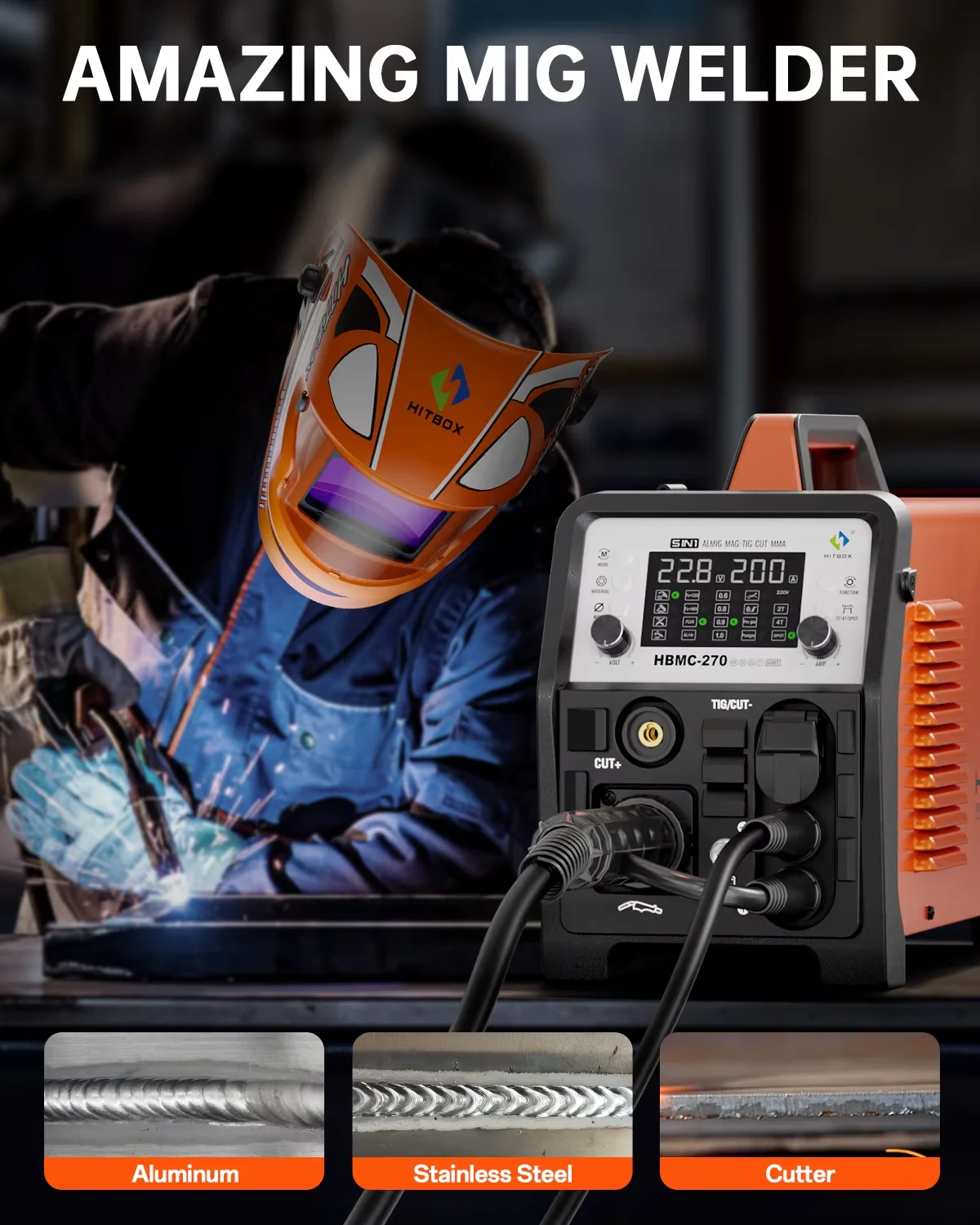 HITBOX Schweißgerät 6-in-1 Aluminium-Schweißgerät 270A Gaslos/Gas MIG/HF TIG/Plasmaschneidgerät 40A/Elektrodenschweißen/Punktschweißen Multi-Prozess-Schweißgerät Image