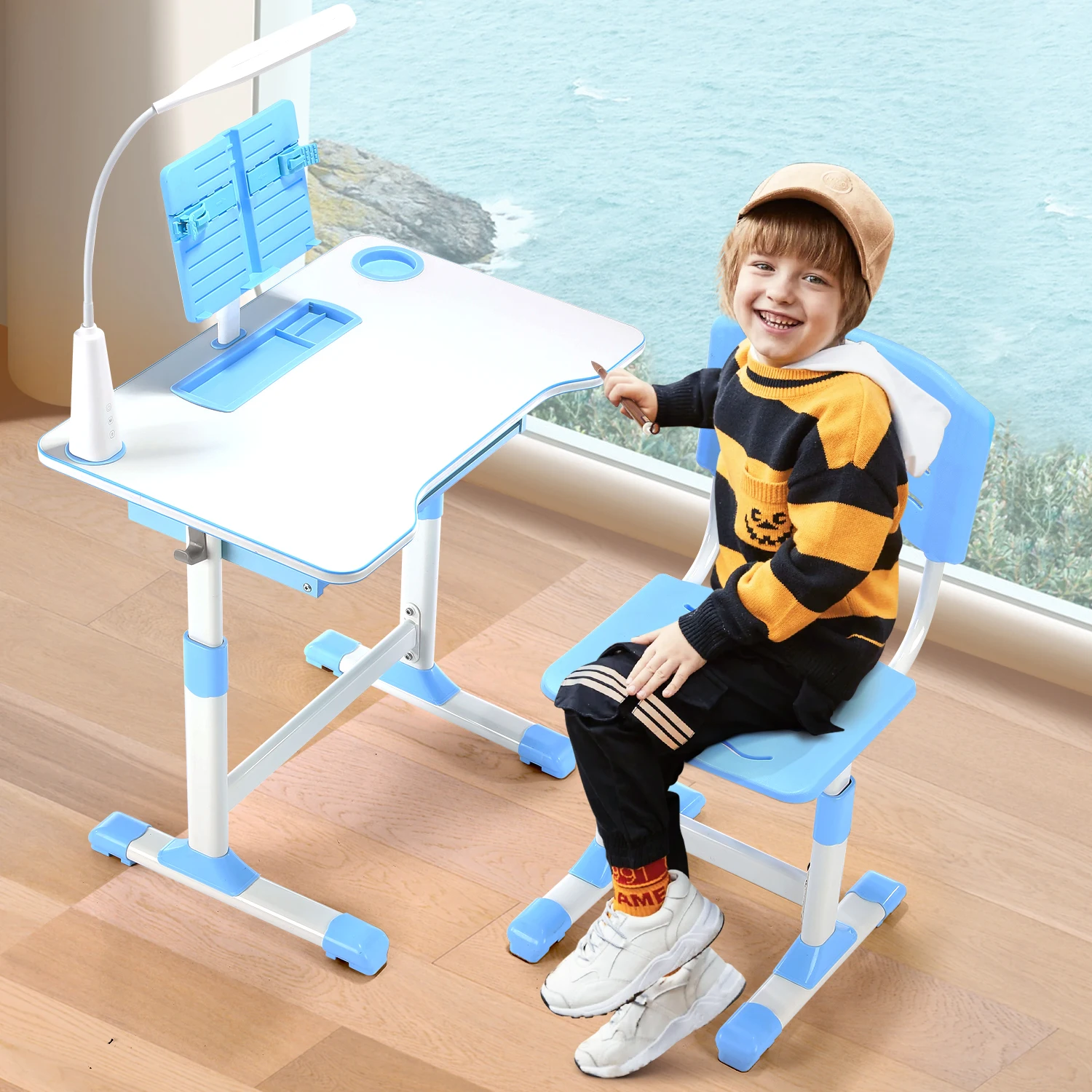 Kinderschreibtisch- und Stuhlset, höhenverstellbarer Arbeitstisch mit USB-Lampe, Aufbewahrungsschublade für das Arbeitszimmer, Blau und Weiß