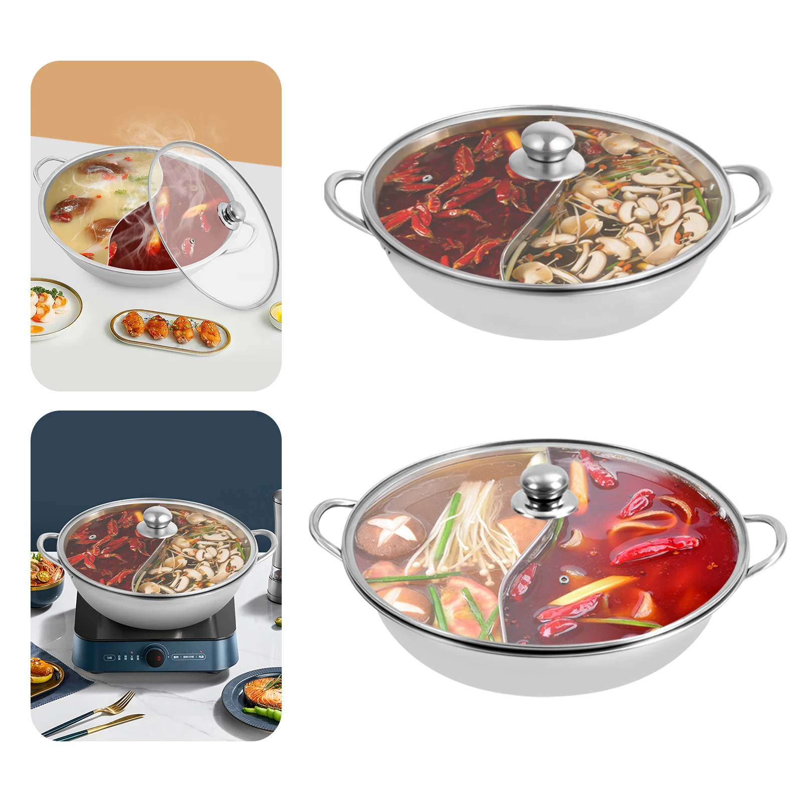 Edelstahl-Hot Pot mit Trennwand, montagefreies Kochgeschirr-Set, Topf mit Glasdeckel, geeignet für den Einsatz mit Öfen und Öfen Image