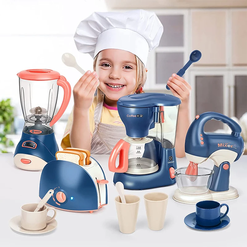 Mini-Haushaltsgeräte, Küchenspielzeug, Rollenspielset mit Kaffeemaschine, Mixer, Mixer und Toaster für Kinder, Jungen und Mädchen, Geschenke Image