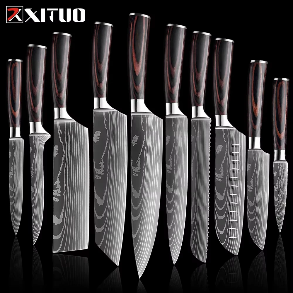 XITUO Kochmesser 1–10 Stück Küchenmesser-Set, Laser-Damast-Muster, ultrascharfes Santoku-Messer, Hackmesser, Schneiden, Utility-Obstmesser Image