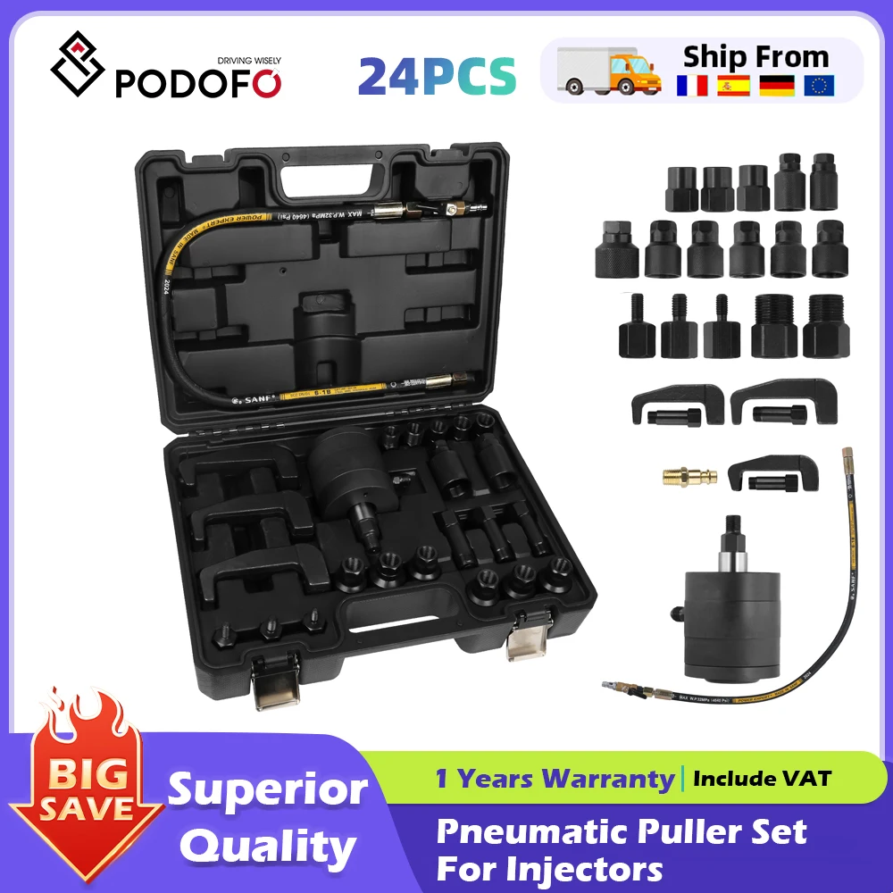 Podofo 24-teiliger professioneller Diesel-Injektor-Entfernungsabzieher, pneumatischer Injektor-Extraktor-Abzieher, Werkzeug-Set, Set mit Aufbewahrungsbox