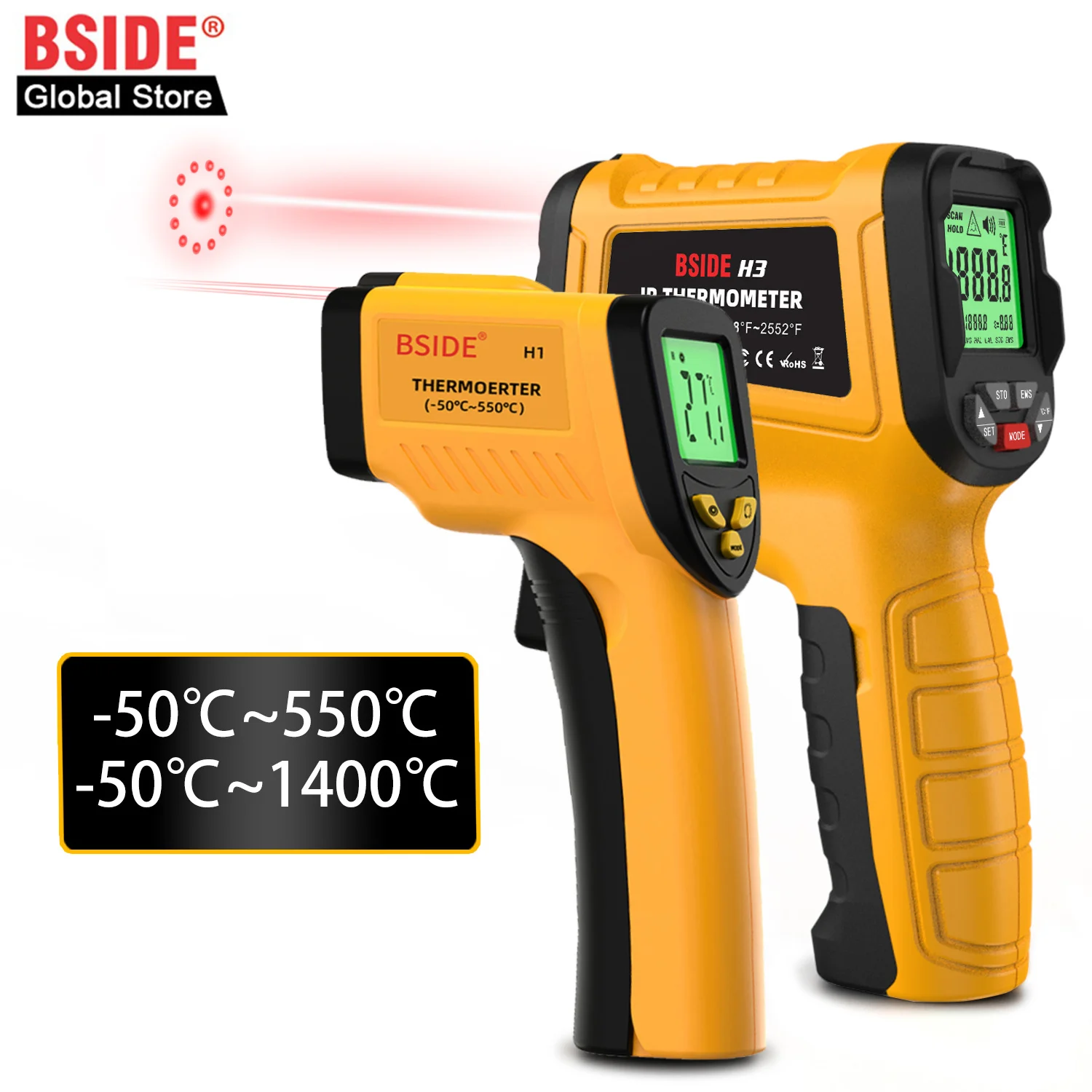 BSIDE H3 Infrarot-Thermometerpistole -50~1400 ° C Handheld Digital Laser Industrial Non Contact Temperature meter Measuring Tester Image