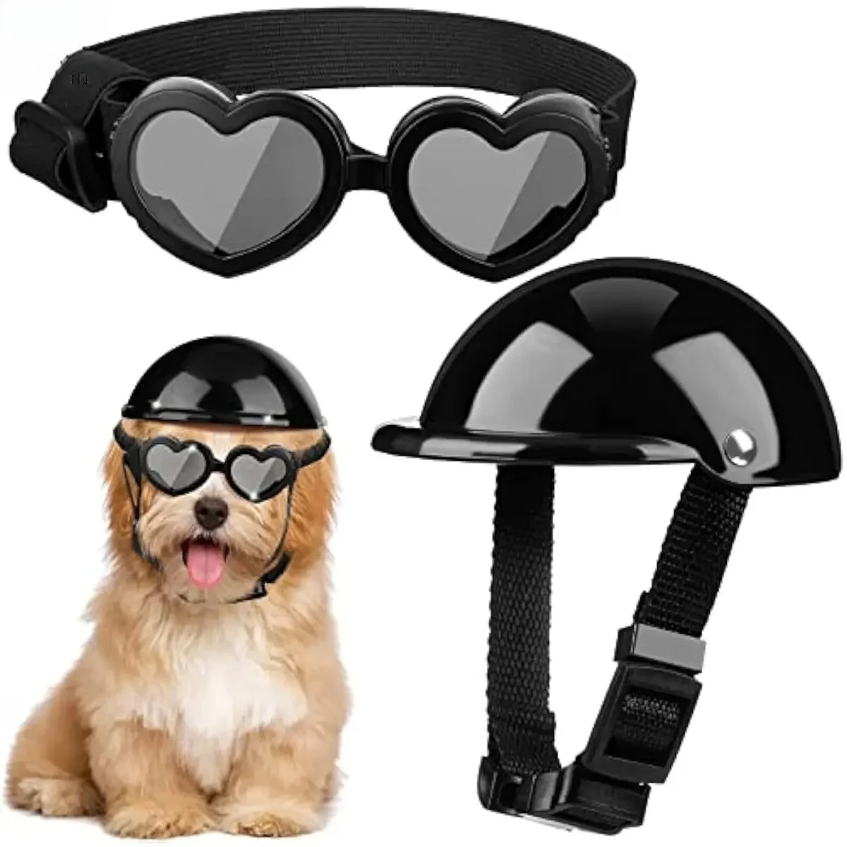 Helm und Schutzbrille für kleine Hunde, Welpen-Sonnenbrille, UV-Schutz, Haustierhelm, verstellbarer Gürtel, Hundemotorrad, harter Sicherheitshut, winddicht Image