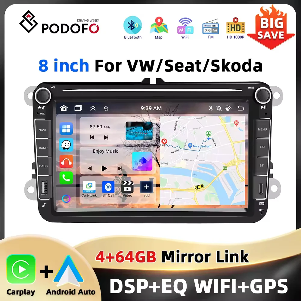Podofo 4 + 64G 8'' Auto Audio Für VW/KÄFEL/GOLF/PASSAT/TOURAN multimedia-Player Android Auto Carplay WIFI Bluetooth GPS Autoradio Image