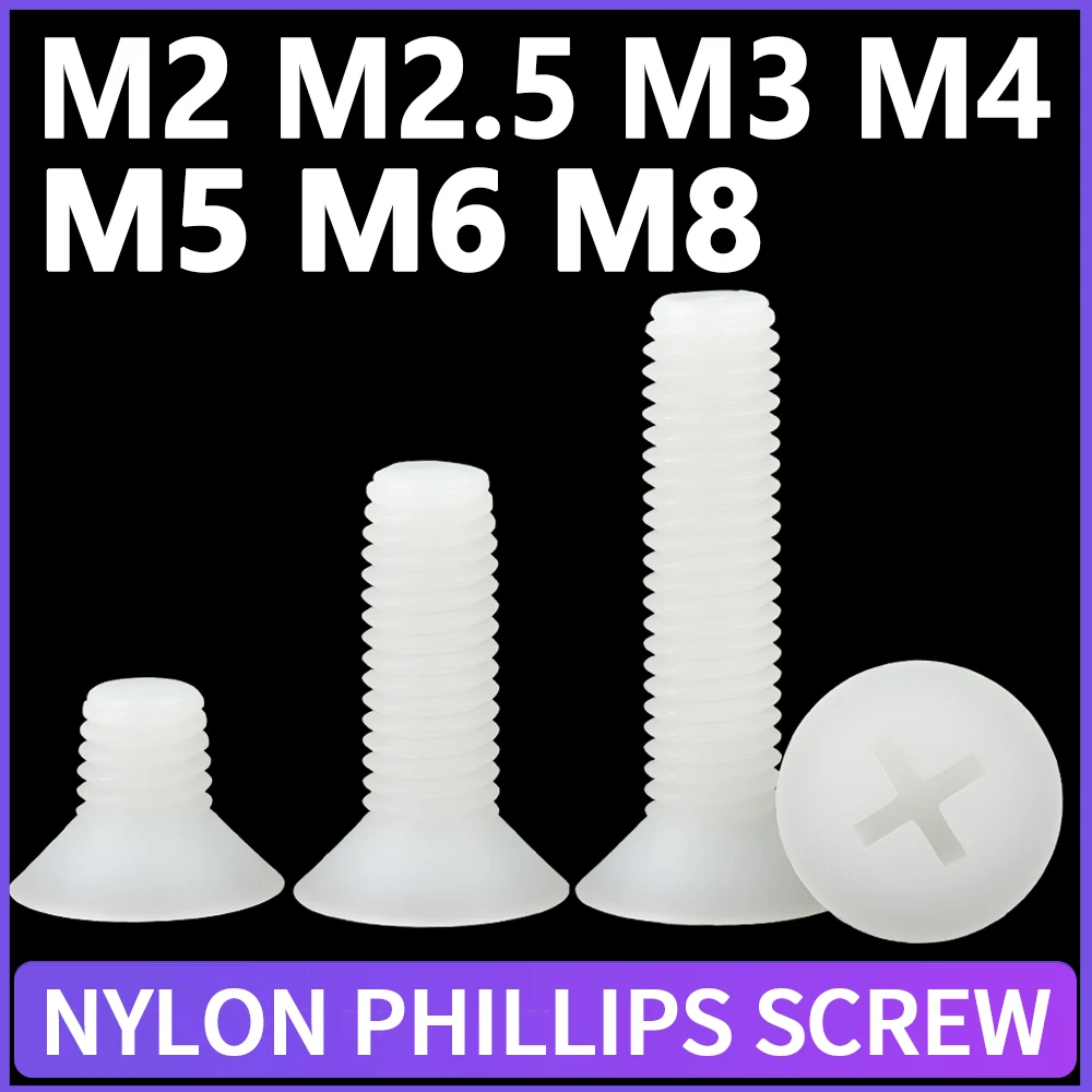 M2 M2,5 M3 M4 M5 M6 M8 Weiße Nylon-Phillips-Senkkopfschrauben Kunststoff-Kreuzschlitzschrauben Schraubenlänge: 4 ~ 50 mm 20 ~ 300 Stück Image