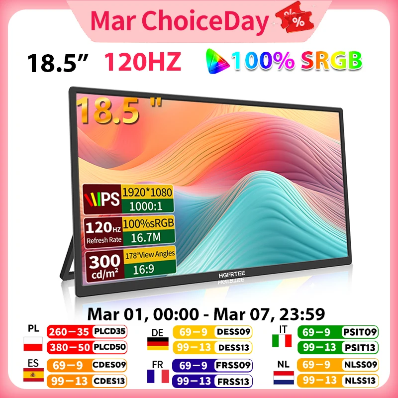 HGFRTEE 18,5 Zoll 100 Hz tragbarer Monitor mit VESA-Lochständer PC-Gaming Erweitertes Display ADS-IPS Großbildschirm unterstützt Typ-C HDMI Image