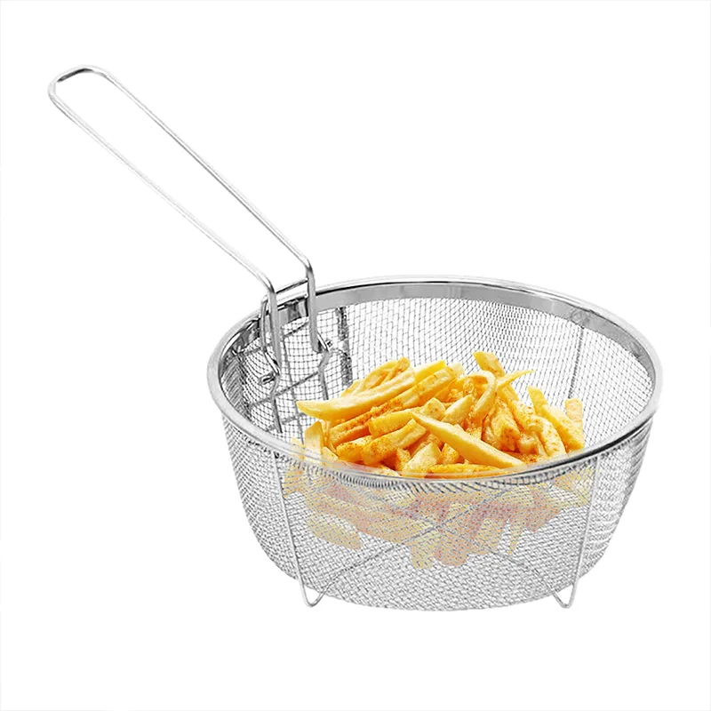 French Chip Braten Sieb Korb Edelstahl Frittier korb Küche Runde Friteuse Draht geflecht mit Griff Draht Sieb Netze Image
