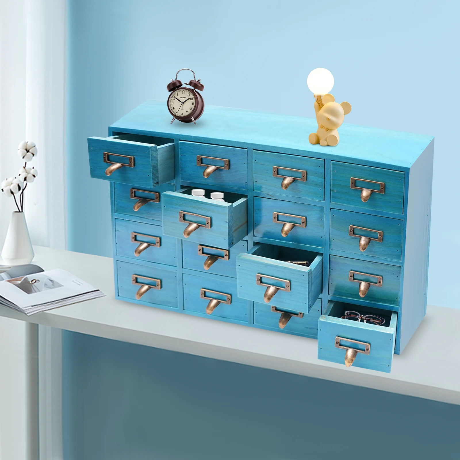 Apothekerschrank Vintage 16-Schubladen, Holz-Kommode (50,5 x 9,5 x 35 cm), blau, rustikal, Heimbüro, Schreibtisch-Organisation und Lagerung Image