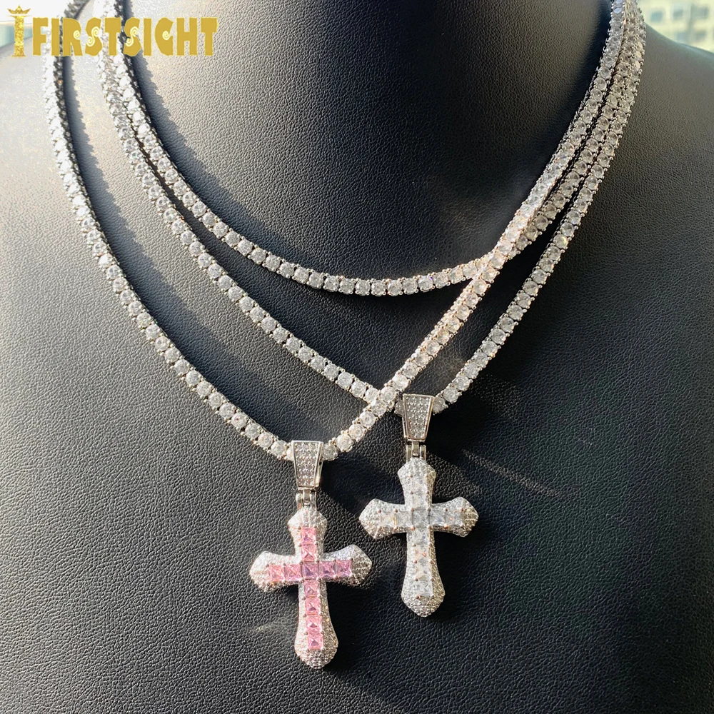 Neue Iced Out Bling Kreuz Anhänger Halskette Silber Farbe Rechteck CZ Zirkonia Blau Rosa Charme Hip Hop Männer Schmuck Image