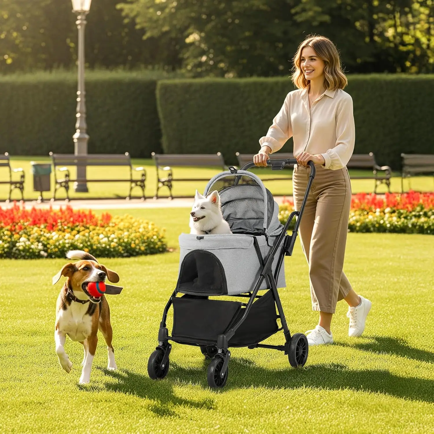 Hundebuggy One-Touch faltbar, kleine Hunde, Katzen, Kinderwagen bis 20 kg, 4 Stück 360 ° Gummiräder, hintere Bremsen, atmungsaktive Frontscheibe Image