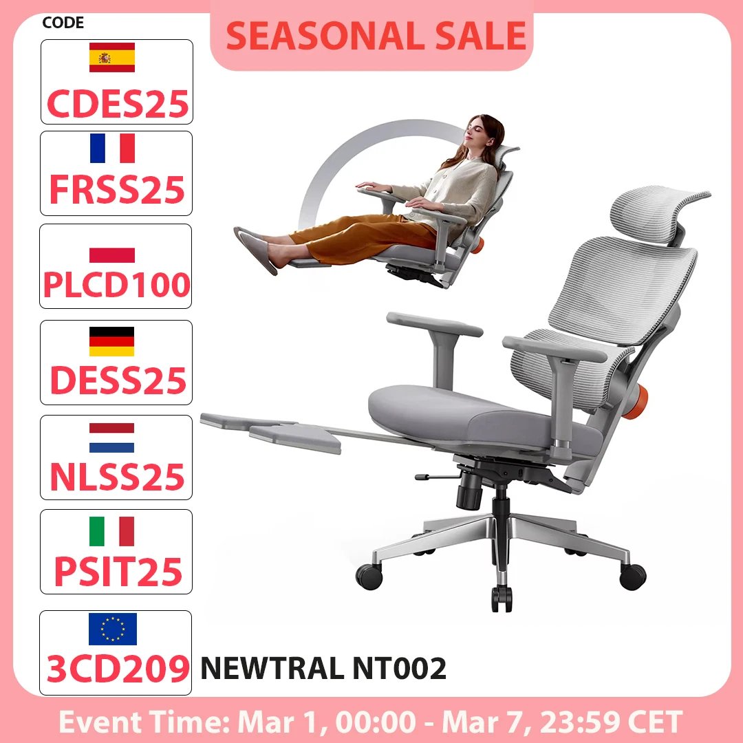 NEWTRAL NT002 Ergonomischer Stuhl, adaptive Untersetzer mit Fußstütze, 4 Rückenlehnen, verstellbare Rückenlehne, Armlehne, Kopfstütze Image