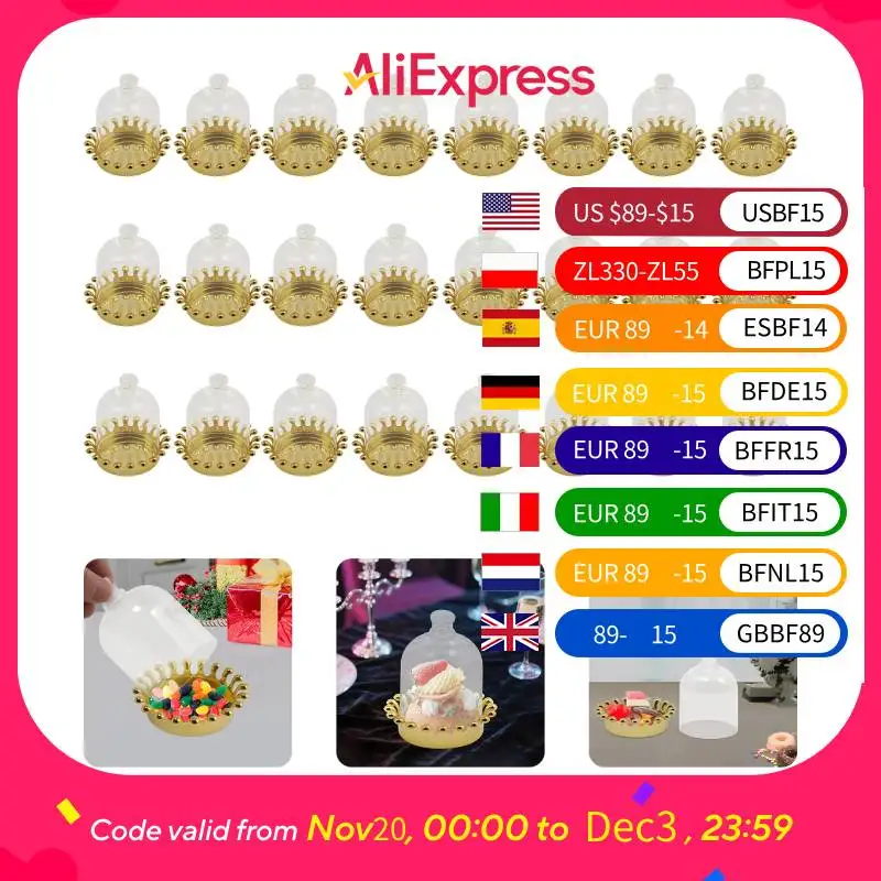 24 Stück Süßigkeitenbehälter, goldene Kronenbasis, Süßigkeitenbehälter für Hochzeit, Geburtstag, Mini-Kuchenform mit transparentem Deckel, Gold Image