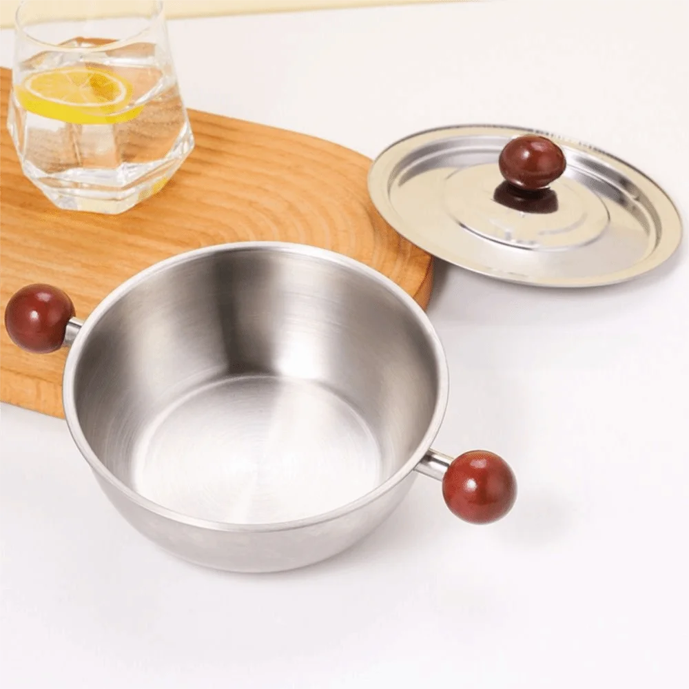 Einfacher, ergänzender Lebensmitteltopf aus Edelstahl, silberfarbener Holzkugelgriff, Nudeltopf, runde Schüssel, Salatschüssel, Hausarbeit Image