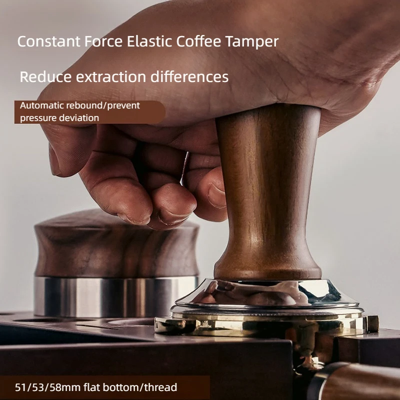 51mm 53mm 58mm Buche Holz Espresso Kaffee Tamper Interne Feder Ausgewogene Kraft Kaffee Hammer Edelstahl Basis barista Werkzeuge Image