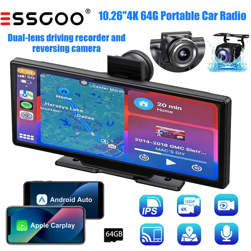 Tragbares Autoradio 10.26" 4K 64G Touchscreen Drahtlos Apple CarPlay Android Auto Dash Cam Bluetooth GPS Navigation WiFi Rückfahrkamera Weitwinkel AUX FM Image