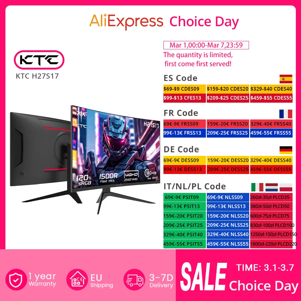 KTC H27S17 27" 1500R gebogener Gaming-Monitor QHD 2560x1440 16:9 ELED 180 Hz 120 % sRGB 4000:1 Kontrastverhältnis 1 ms MPRT-Reaktionszeit Image