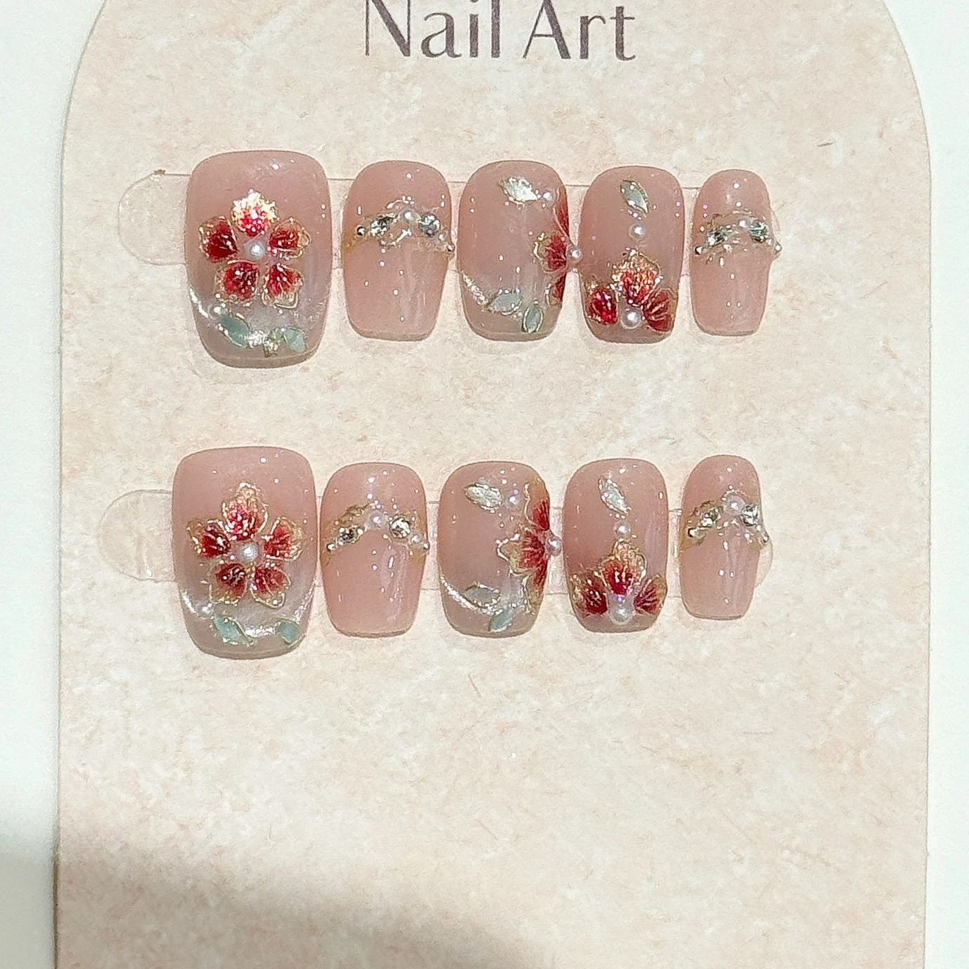 10 Stück rote Blumen, quadratisch, handgefertigt, zum Aufdrücken der Nägel, Katzenauge, künstliche Nägel, tragbare Nägel zum Aufkleben, Künstliche Nägel, 2019, Mohamedanyika UCñas Image