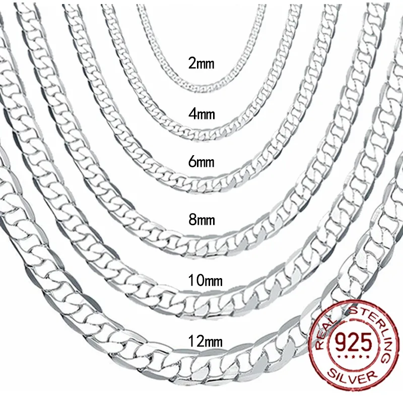 Herren-Halskette aus 925er-Sterlingsilber, 2/4/6/8/10/12 mm, 40–75 cm, Gesichtskette, Karabinerverschluss, für Männer und Frauen, Verlobungsschmuck, Geschenke Image