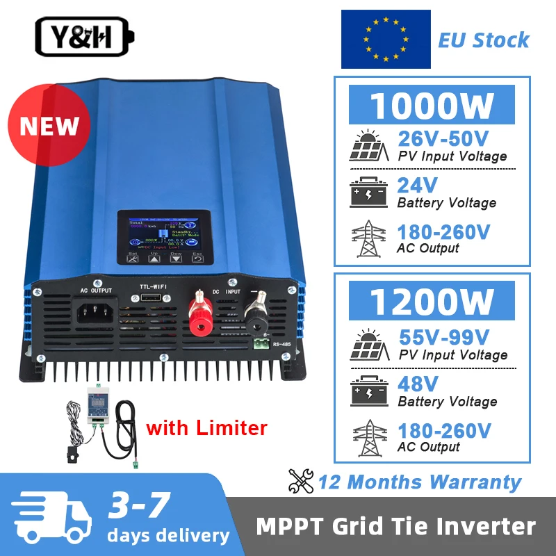 Y&H Grid Tie Inverter 1,2 kW 1 kW mit Limiter, reiner Sinuswellen-Solarwechselrichter für Solarmodule/Batterieentlademodus, optionales WLAN Image
