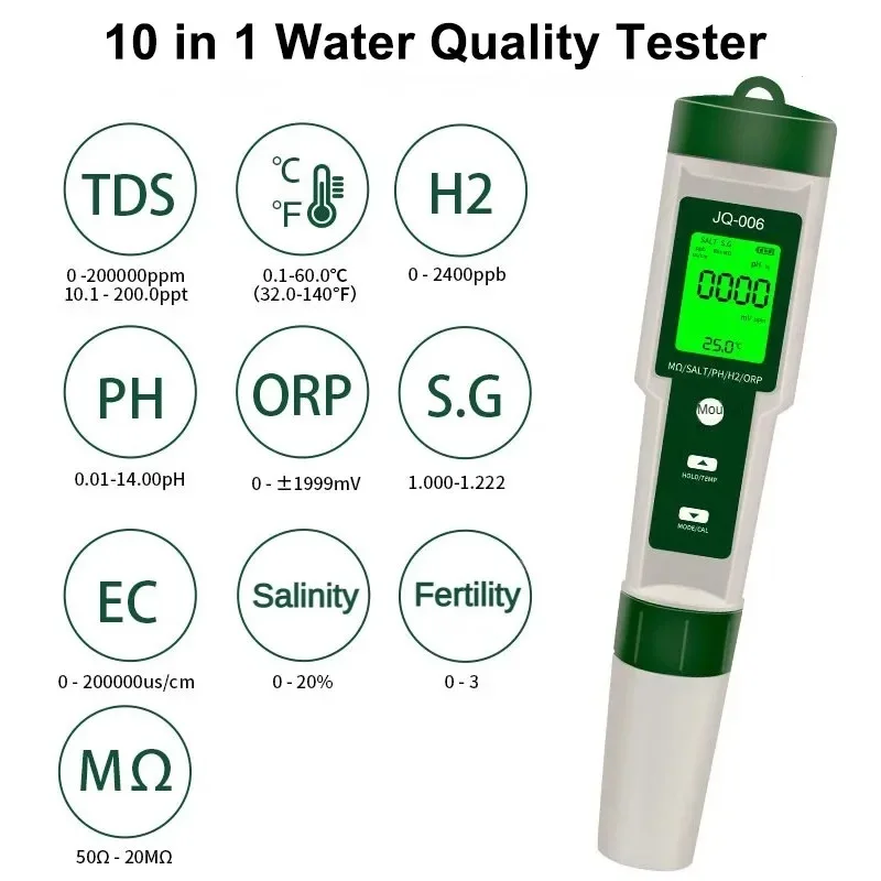 10-in-1 pH-Meter Wassertester Hochpräzisionstest TDS/PH/EC/H2/ORP/Fruchtbarkeit/Salzgehalt/S.G/Widerstand/Temperatur für Aquarium Image