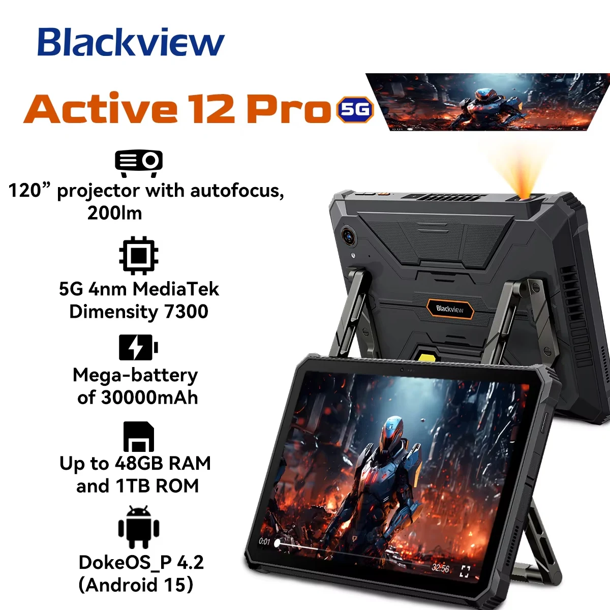 Robustes Blackview Active 12 Pro-Projektor-Tablet mit Android 15, Abmessung 7300 5G 11'' Pad, 16+32 GB RAM 1 TB 30000 mAh Tablet-Telefon Image