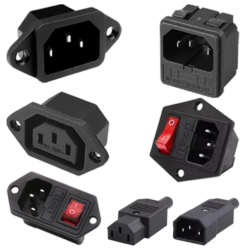 AC-Steckdose, Steckdose, Steckdose, C13, C14, Steckdosen, Wippschalter, AC-Elektrostecker mit 10 A Sicherung, rote Lampe, 3-poliger Schalter Image