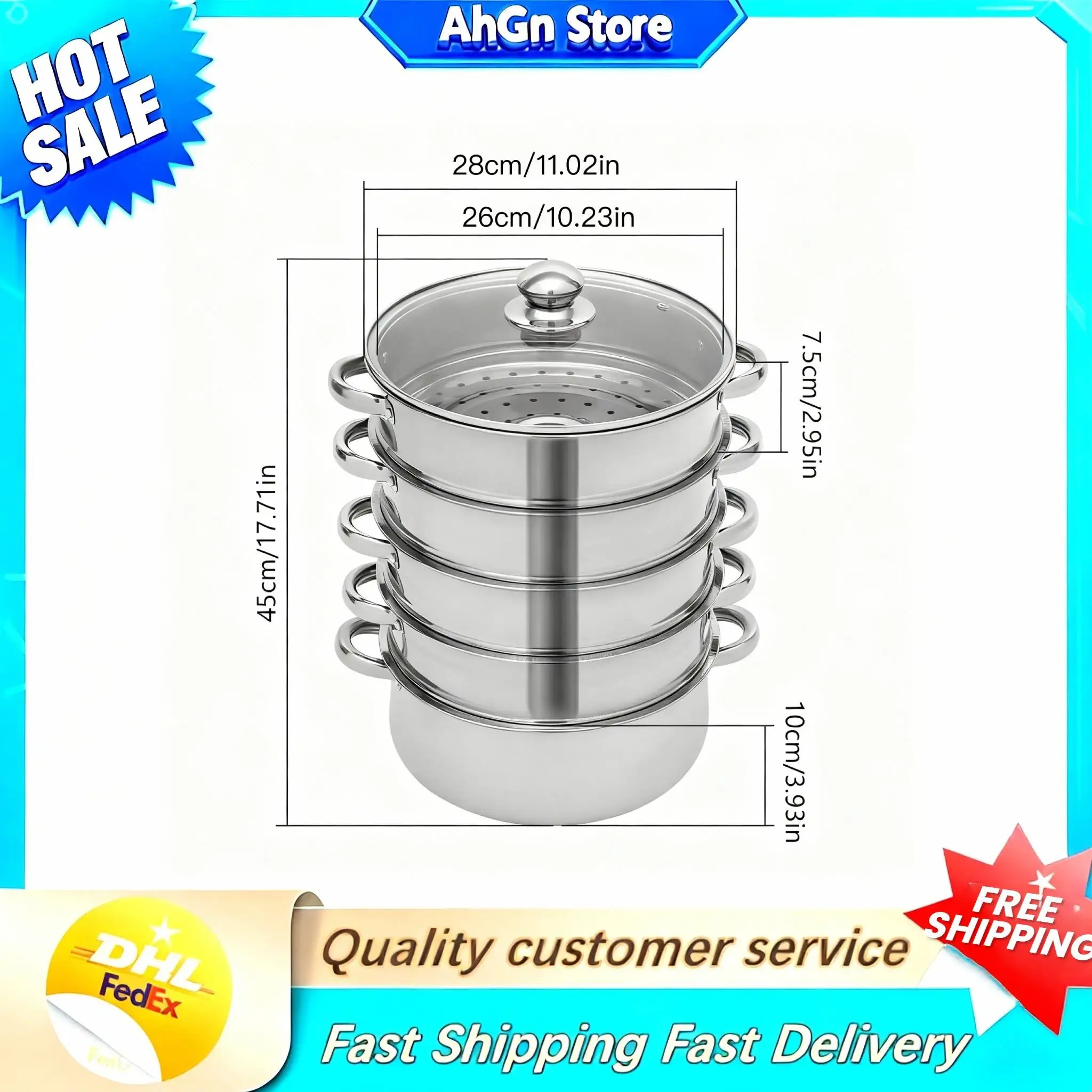 5-stufiger Edelstahl-Dampfgarer, Kochgeschirr, Kochtopf, Stufe, 4 Dampfgitter, 1 Kochtopf, 28 cm/30 cm/26 cm Dampftopf Image