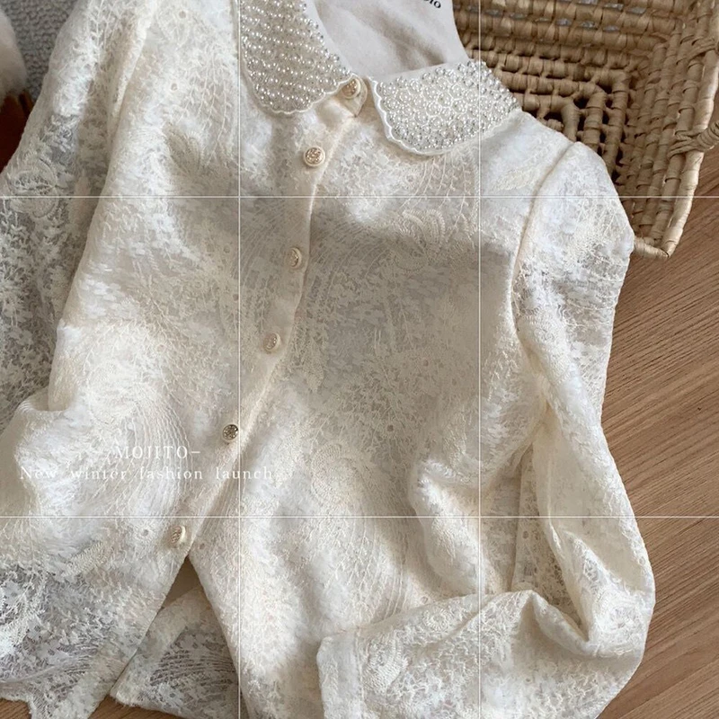 Damen-Hemd mit schweren Verzierung und Perlen, weiß, Frühling und Herbst, elegante, durchsichtige Bluse, langärmelig, schickes Jacquard-Pendler-Büro-Dame-Top Image