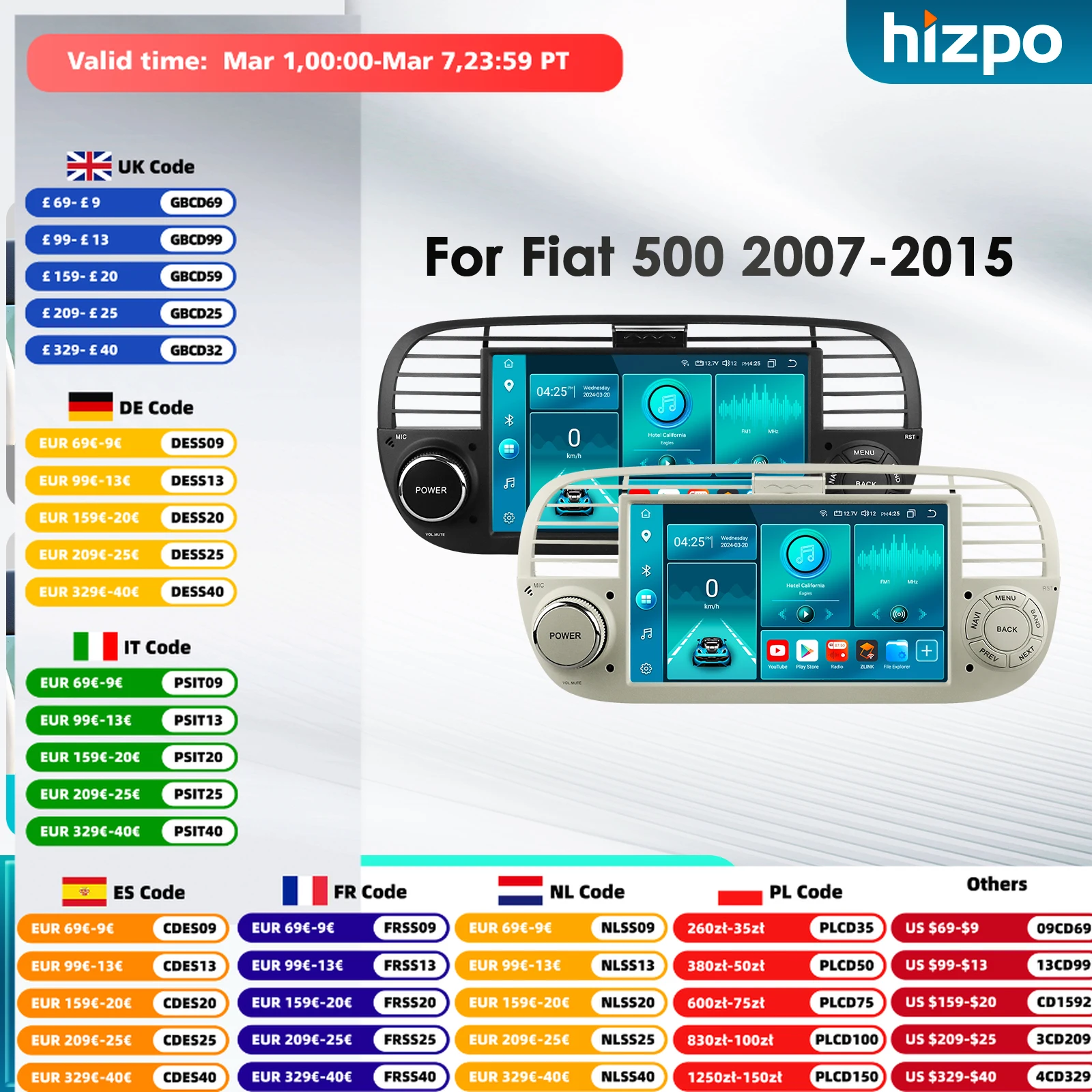 Hizpo 8 Core DSP Auto-Multimedia-Player für Fiat 500 2007–2015 GPS Navi S Navi Carplay 4G Autoradio RDS GPS Intelligente Systeme