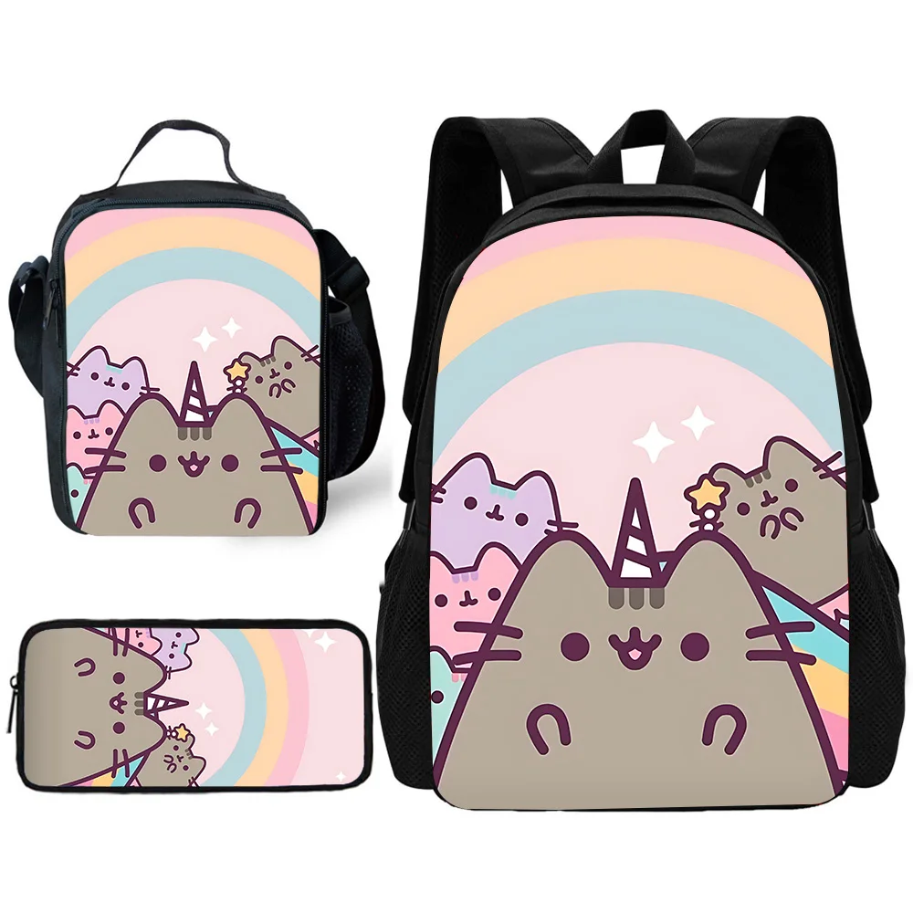 Kind Schule Anime Kawaii Pusheen Katzen Rucksack mit Lunchtaschen, Bleistifttaschen, Schultaschen für Jungen Mädchen Bestes Geschenk Image