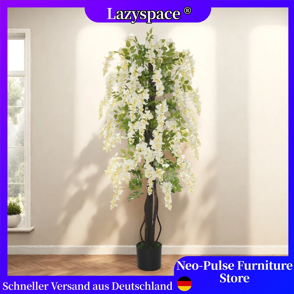 Lazyspace Künstliche Pflanze, weiße Glycin, hochrealistische Glizzines, 165 m künstlicher Zierblumenbaum im Topf, Kunststoffzement Image