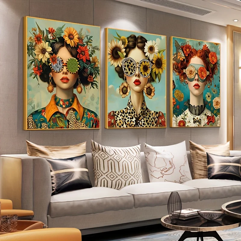 3 stücke Nordic Boho Mode Gläser Frau Mit Blumen Wand Kunst Leinwand Malerei Schmetterling Mit Mädchen Porträt Poster Drucke Bild Image