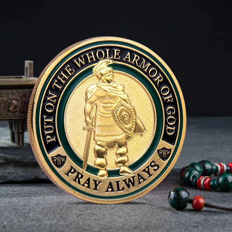 4CM Christliche Souvenir-Münze: Trage die ganze Rüstung Gottes (Epheser 6:11) – Vergoldete Gedenkmünze „Bete immer“-Sammlung Image
