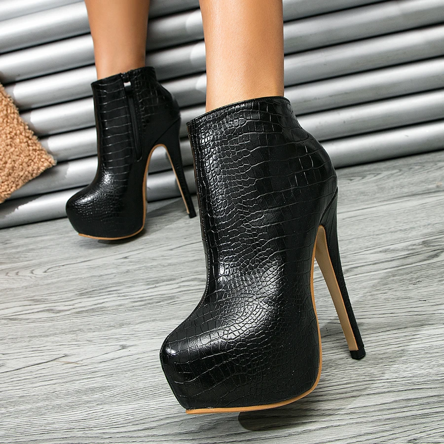 Plus Größe 35-45 Sexy Krokodil Muster Frauen Stiefel Runde Kappe Seite Zipper Super High Heels Pumps 2025, weibliche Plattform Party Schuhe
