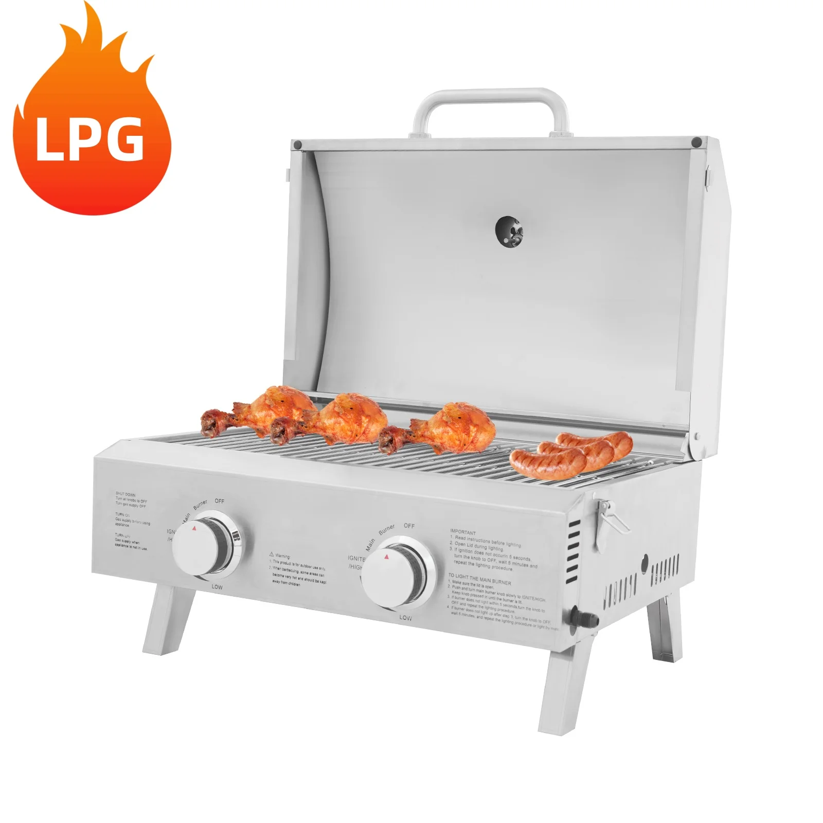 LPG-Gas-BBQ-Grill, tragbarer Edelstahl-Grill, zusammenklappbar, 2 Brenner, Outdoor-Grill für Camping, Picknicks, Wohnmobil-Ausflug Image