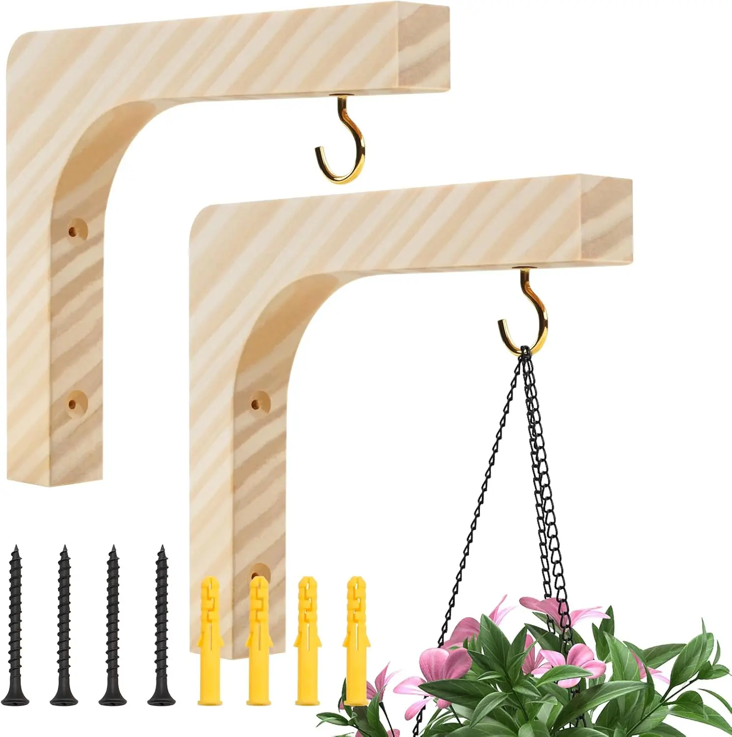 Pflanzenaufhänger aus Holz, Wandpflanzenaufhänger für den Innenbereich, Korbhaken für Blumenkörbe, Topflaternen Image