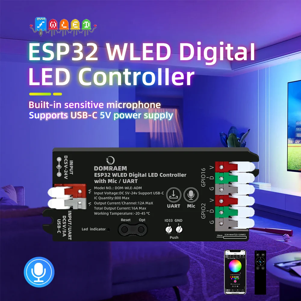 ESP32 WLED Digitaler LED-Controller mit Mikrofon UART USB-C5V-Versorgung ~ 0,5 W Standby DC5-24 V 16 A DIY100+ WS2811 12 13 14 05 Streifen usw Image